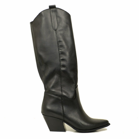 Gisèle – Bottes texanes noires en cuir avec talon large, fabriquées en Italie