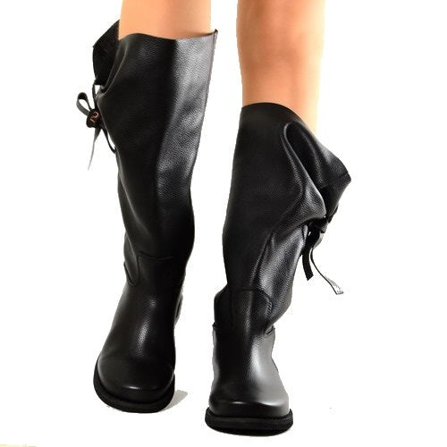 **Odette – Bottes femme mi-mollet en cuir véritable avec nœud latéral**