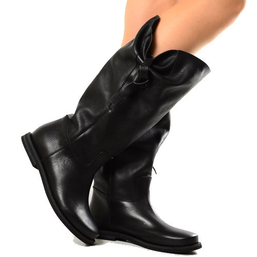 **Odette – Bottes femme mi-mollet en cuir véritable avec nœud latéral**