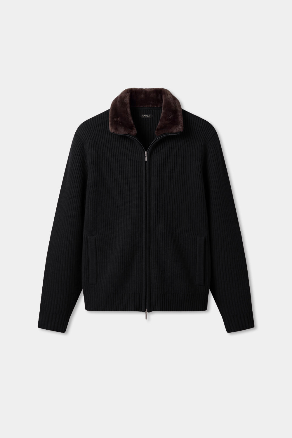Antoine – Cardigan en Laine Noir à Col en Fourrure