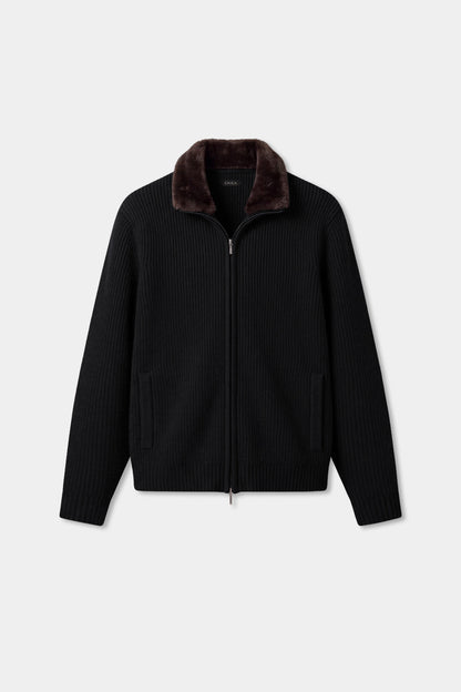 Antoine – Cardigan en Laine Noir à Col en Fourrure