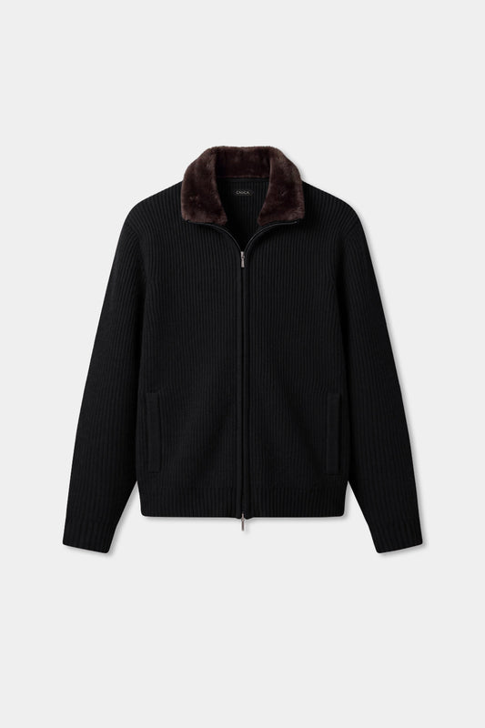 Antoine – Cardigan en Laine Noir à Col en Fourrure