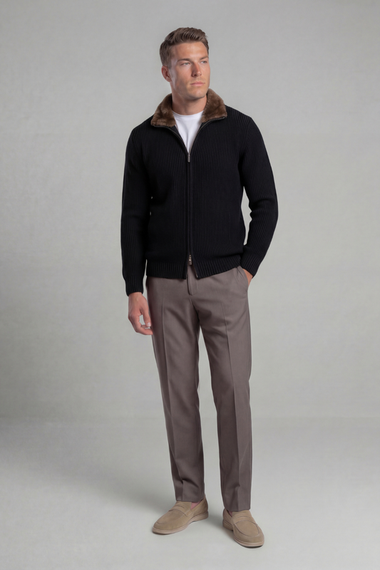 Antoine – Cardigan en Laine Noir à Col en Fourrure