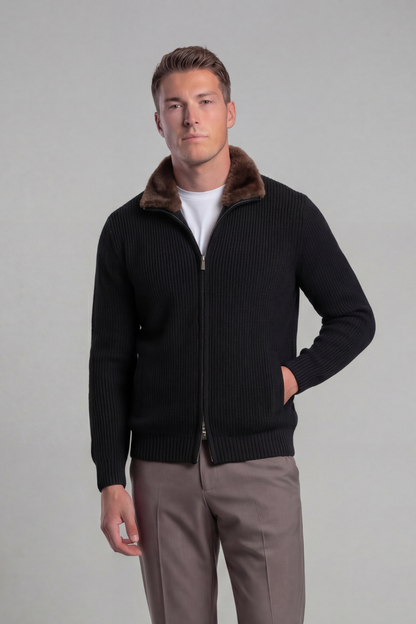 Antoine – Cardigan en Laine Noir à Col en Fourrure
