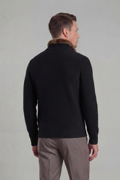 Antoine – Cardigan en Laine Noir à Col en Fourrure