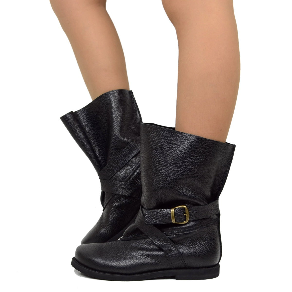 **Solange – Bottes biker en cuir noir pour mollets larges**