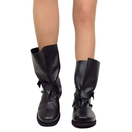 **Solange – Bottes biker en cuir noir pour mollets larges**