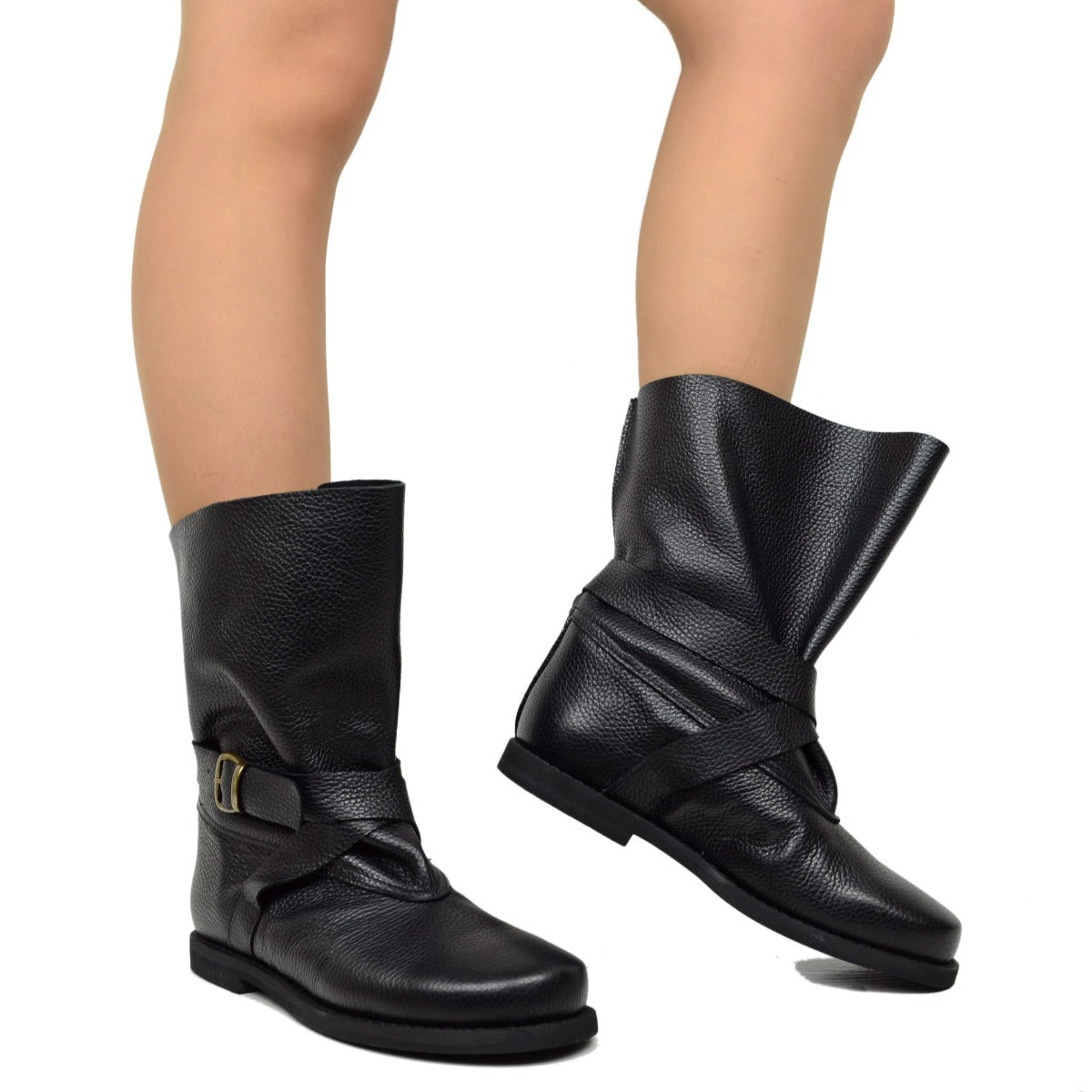**Solange – Bottes biker en cuir noir pour mollets larges**