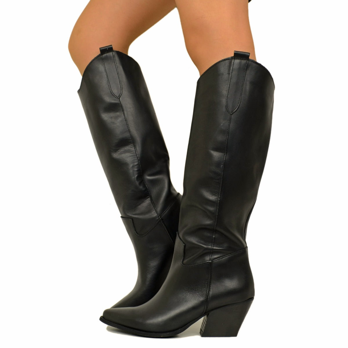 Gisèle – Bottes texanes noires en cuir avec talon large, fabriquées en Italie
