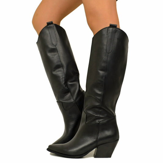 Gisèle – Bottes texanes noires en cuir avec talon large, fabriquées en Italie
