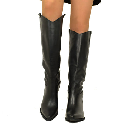 Gisèle – Bottes texanes noires en cuir avec talon large, fabriquées en Italie