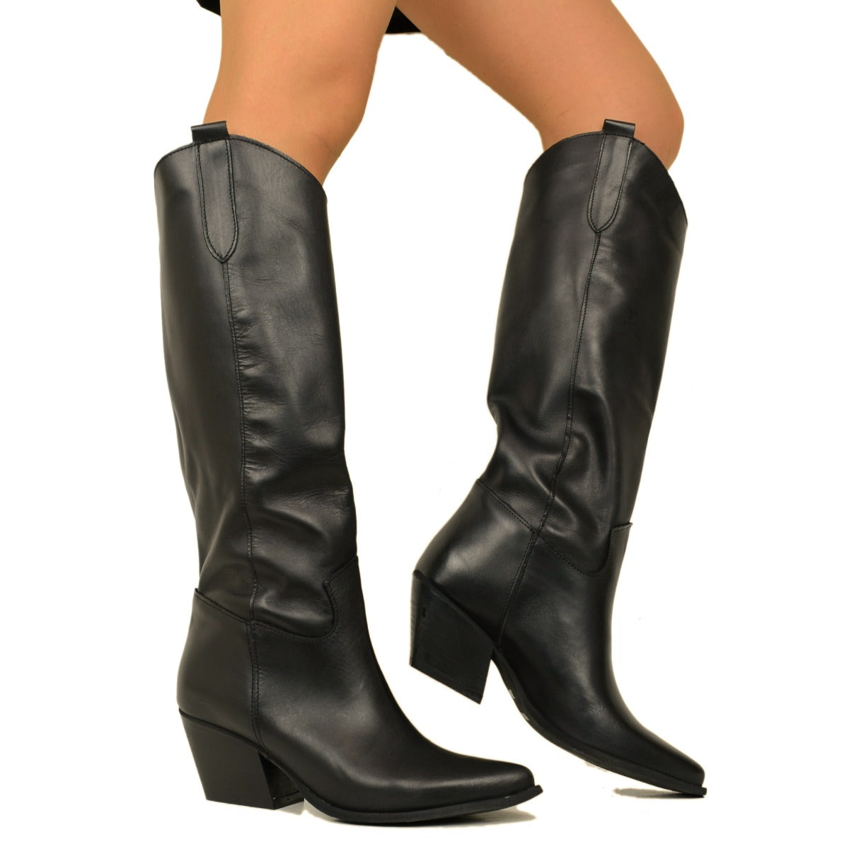 Gisèle – Bottes texanes noires en cuir avec talon large, fabriquées en Italie
